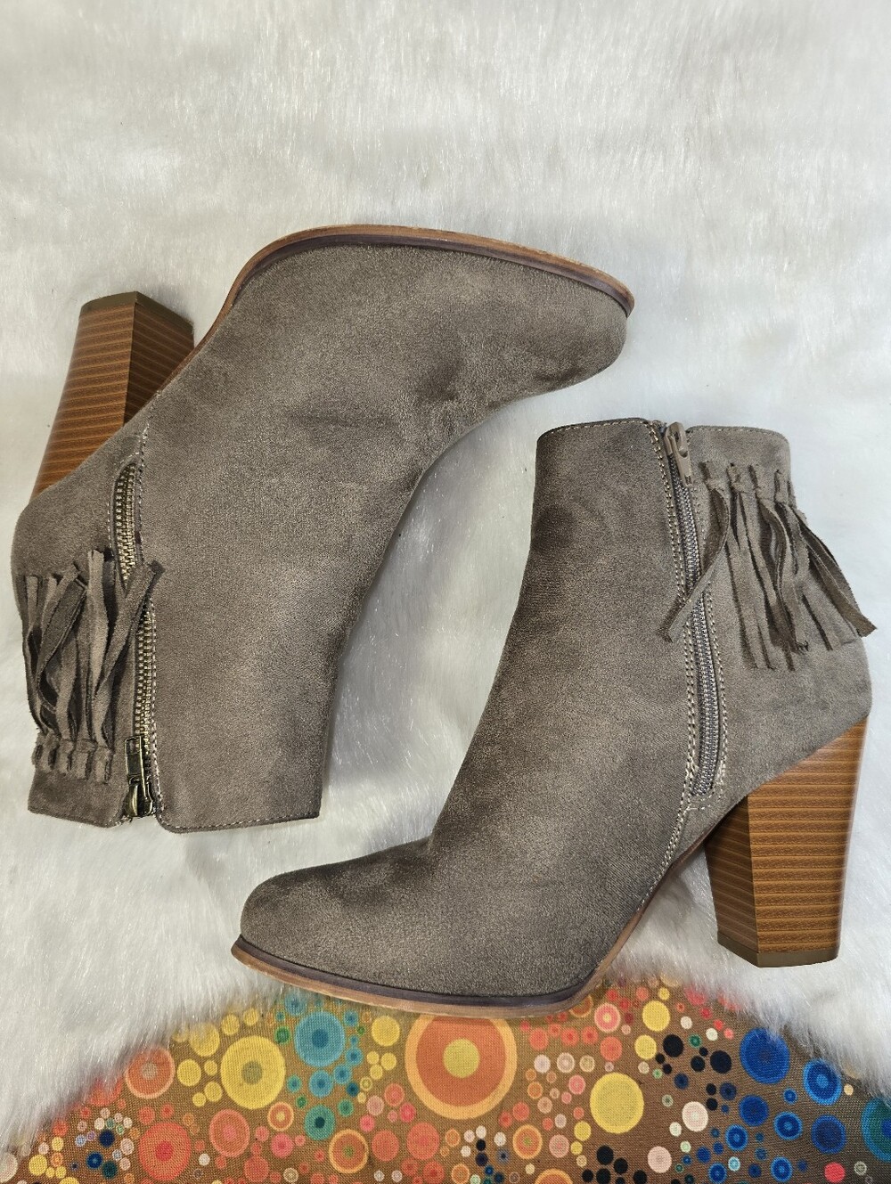 JustFab "Aliana" Taupe Fringe vegan Suede Western inspired Ankle Booties
